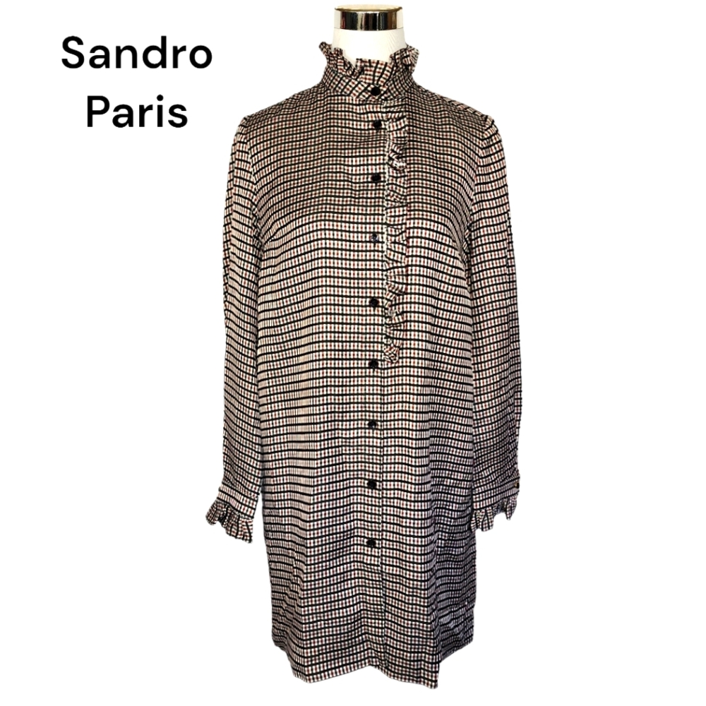 Sandro Paris Sz 36 Button Down Plaid Ruffle Long Sleeve Shirt Dress.